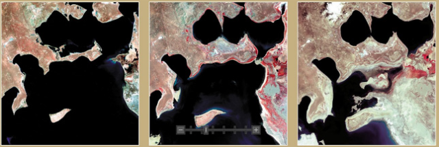 Az Aral-tó északi részének zsugorodása 1973 és 2000 között (NASA)