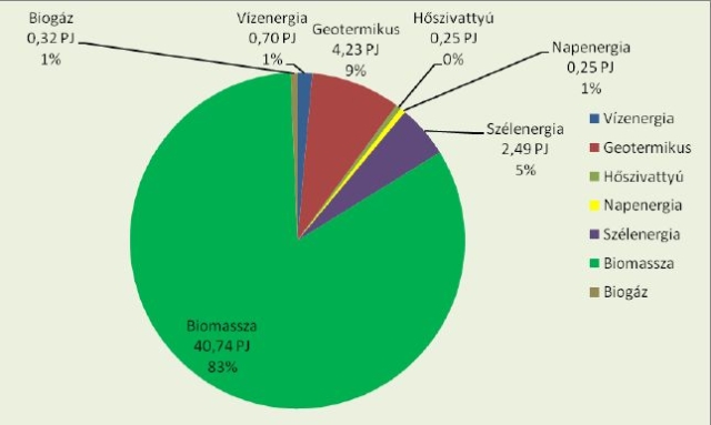 Villamos energia és hűtés-fűtés szektorokban felhasznált megújuló energiahordozók megoszlása 2010-ben (NCST, 2010)